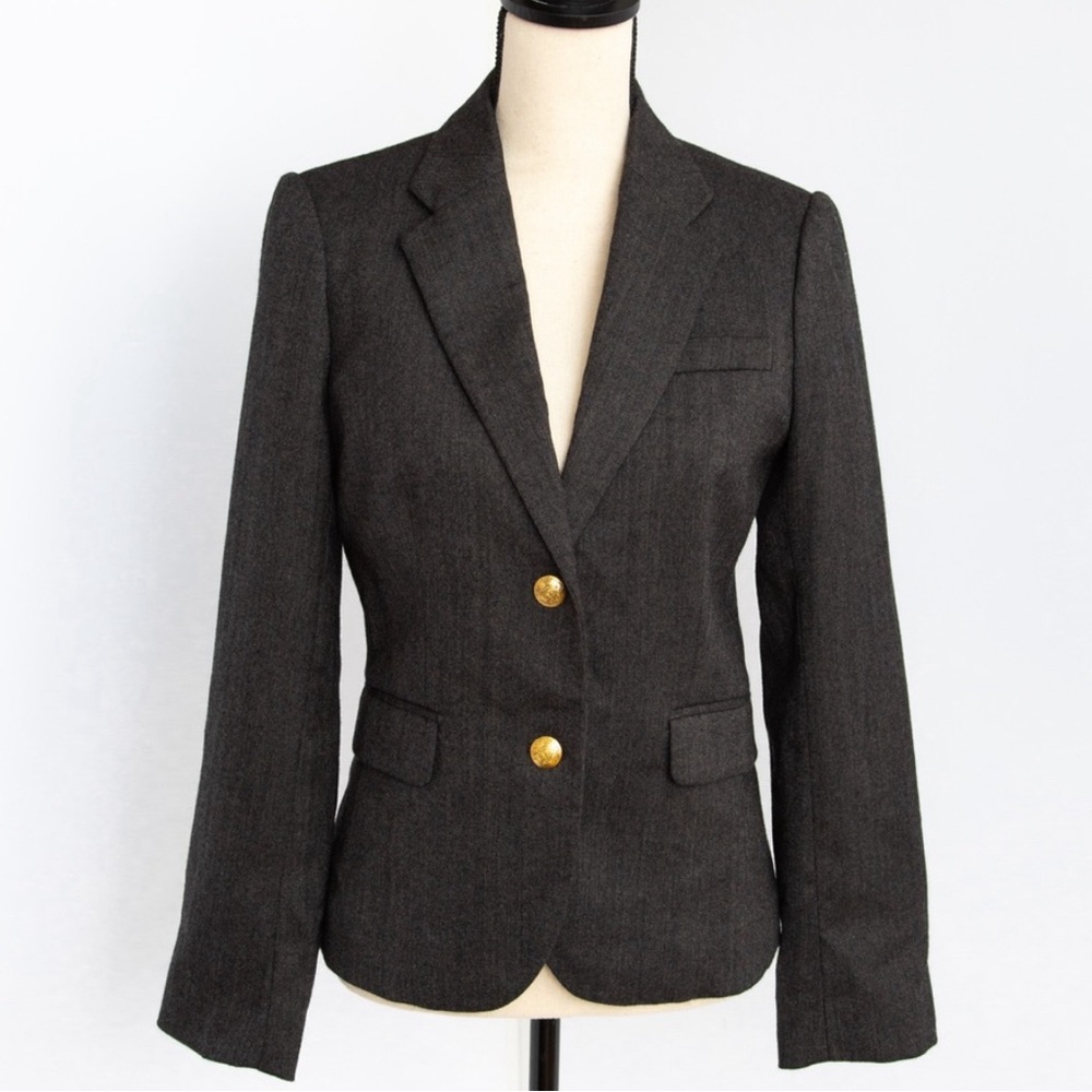 J Crew tweed charcoal gray wool blend school boy 2 button blazer brass buttons 4